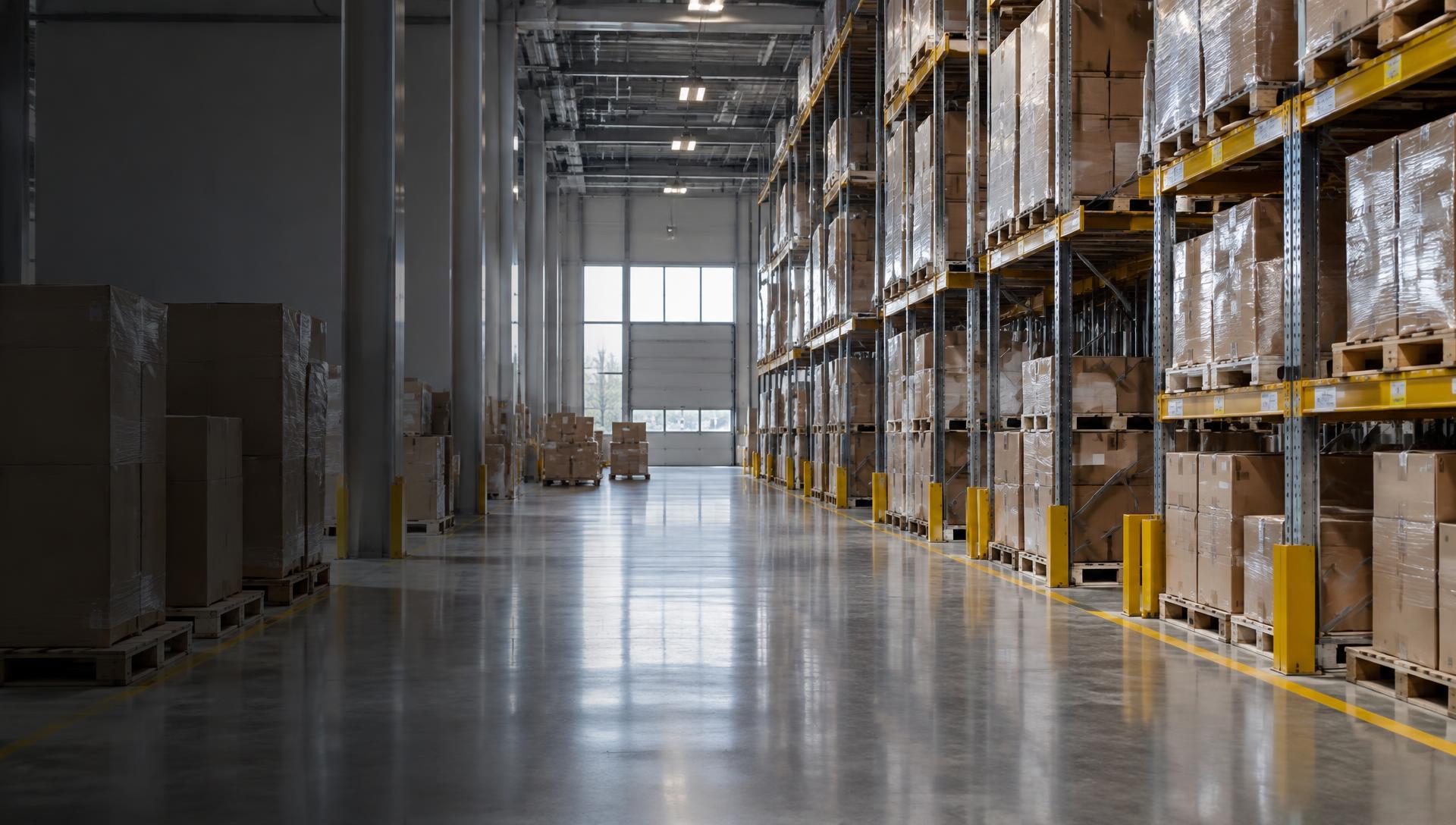 Illustrative warehouse aisle with organized pallet inventory